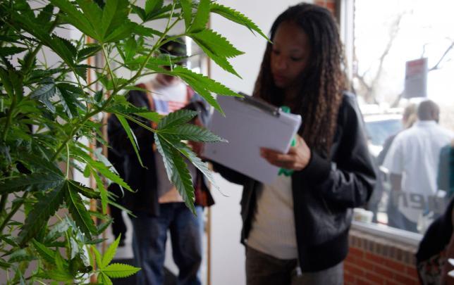 A woman looking for work in the cannabis industry fills out a form in front at the CannaSearch job fair in downtown Denver. File photo from March 13, 2014. Reuters/Rick Wilking/Files