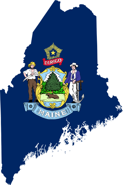Maine map and state flag. Image: Darwinek via Wikimedia Commons