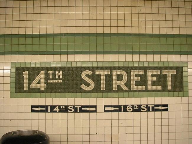  14th Street  subway station in New York City, lines F and V. Image via Wikimedia Commons.