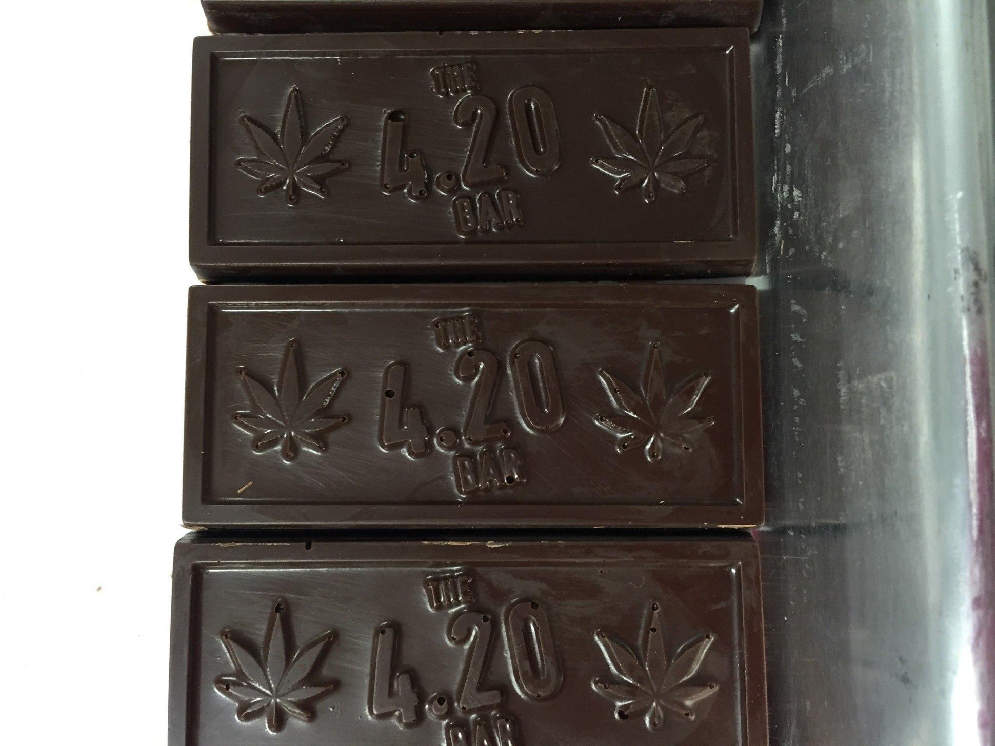 Image of Evergreen Herbal 420 cannabis infused chocolate bar unwrapped 