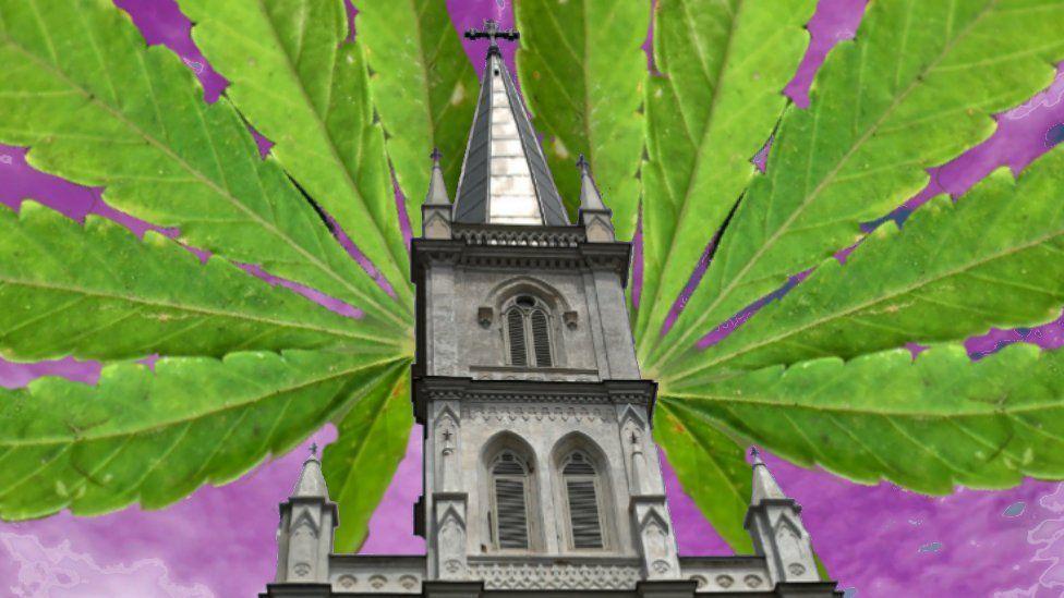 Image of a church super imposed on a marijuana leaf