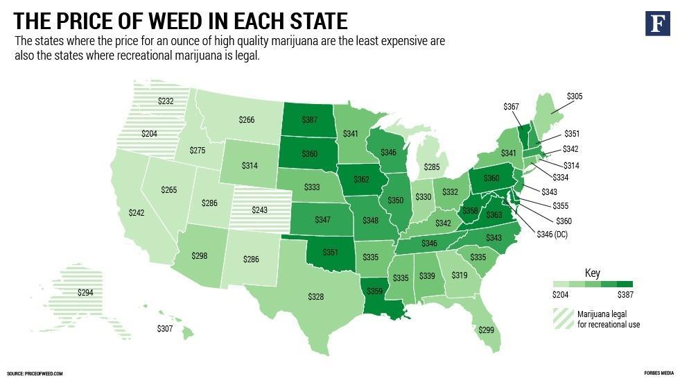 Map of marijuana prices in the various US states 5-13-2015