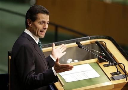 Mexican President Enrique Pena Nieto addresses the 2015 Sustainable Development Summit at United Nations headquarters. AP Photo: Seth Wenig. 
