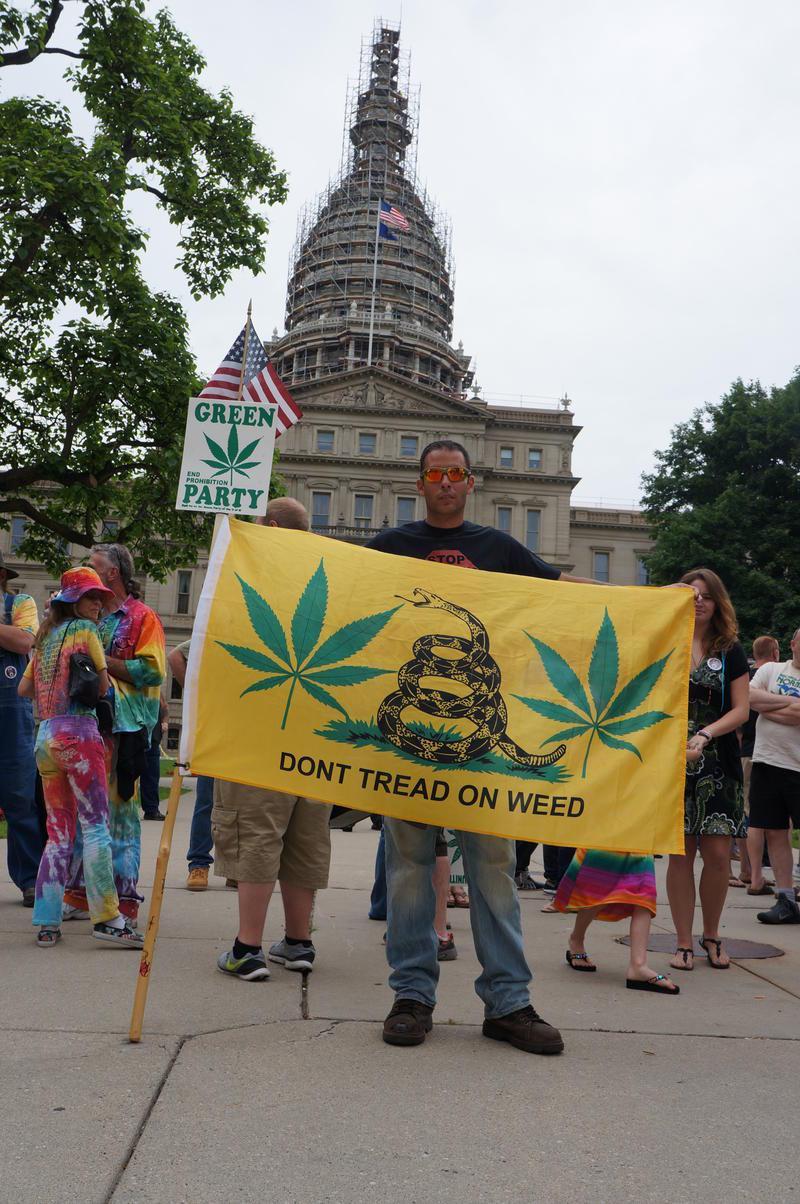 The group MILegalize launched its signature gathering efforts at a rally in front of the state Capitol last week. Credit Jake Neher / MPRN