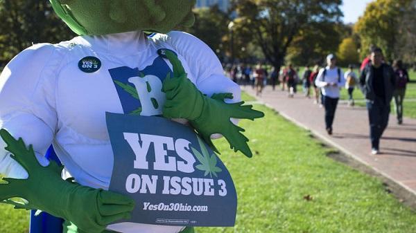Buddie, the mascot for the pro-marijuana legalization group ResponsibleOhio, holds a sign at Ohio State University in Columbus on election day.  Image: John Minchillo, Associated Press