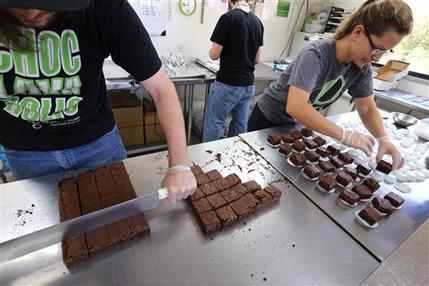 In this Sept. 26, 2014, file photo, smaller-dose pot-infused brownies are divided and packaged at The Growing Kitchen in Boulder, Colo. (AP Photo/Brennan Linsley, File)