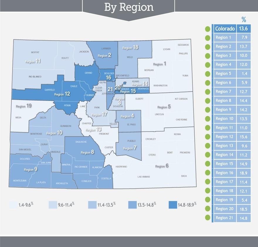 Image of a map showing recreational marijuana usage in Colorado by region