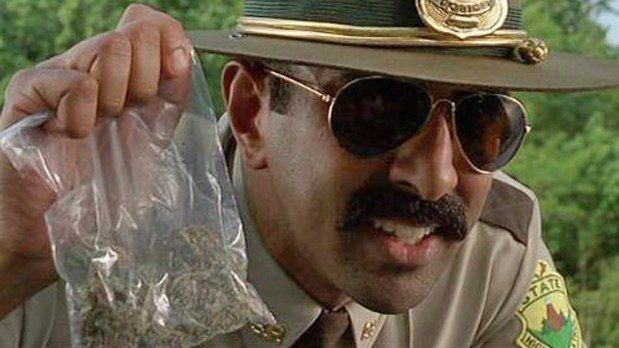 Image of a police officer holding a bag of illegal marijuana