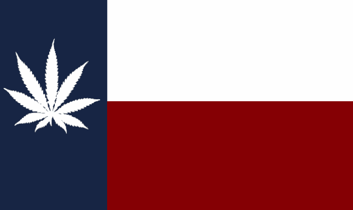 Image of the Texas state flag with a marijuana leaf 