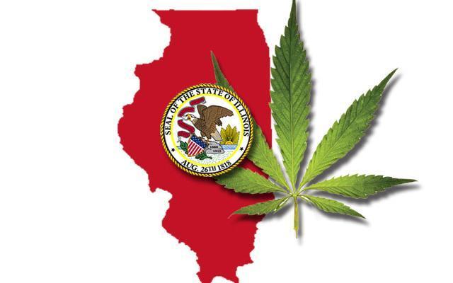 Illinois state map and cannabis leaf